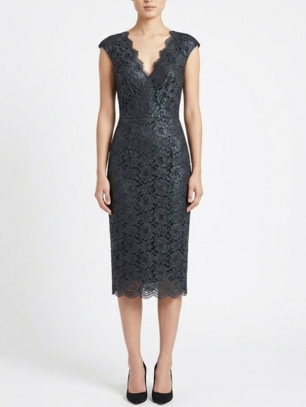 PLEIN SUD Black Scalloped Floral Lace Midi Sheath Dress Women's Size EU42/US 8